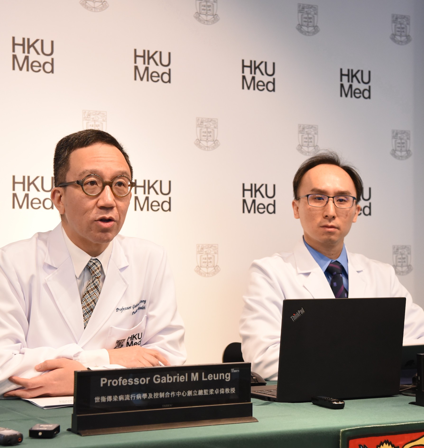 Professor Gabriel Leung, Chair Professor of Public Health Medicine, HKUMed, and Founding Director of the WHO Collaborating Centre for Infectious Disease Epidemiology and Control (left) and Professor Joseph Wu, Professor, Division of Epidemiology and Biostatistics, School of Public Health, HKUMed (right) present real-time nowcast and forecast on the extent of the Wuhan CoV outbreak, domestic and international spread.
